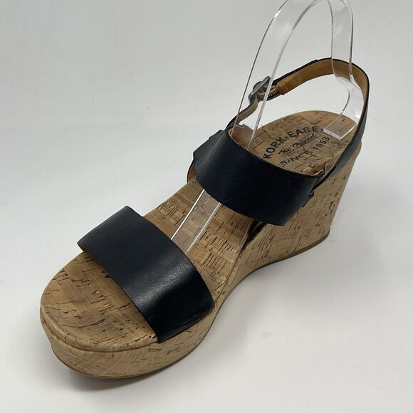 Kork Ease Austin Cork Wedge Sandals Womens 10 M Black Leather Ankle Strap Buckle - Picture 7 of 16